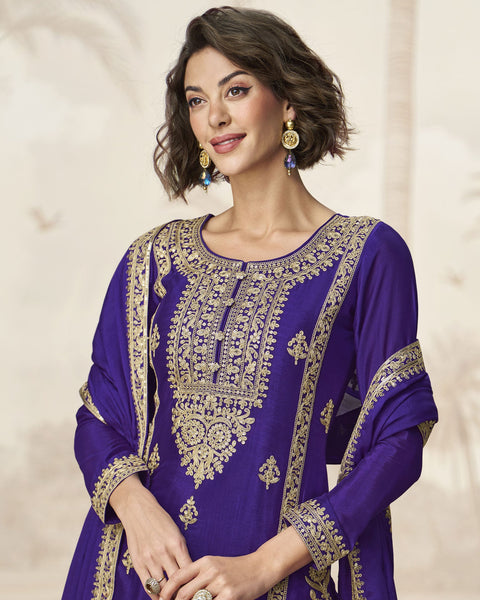 Blue Chinnon Silk Readymade Sequins & Zari Work Woman Palazzo Suit With Embroidered Dupatta