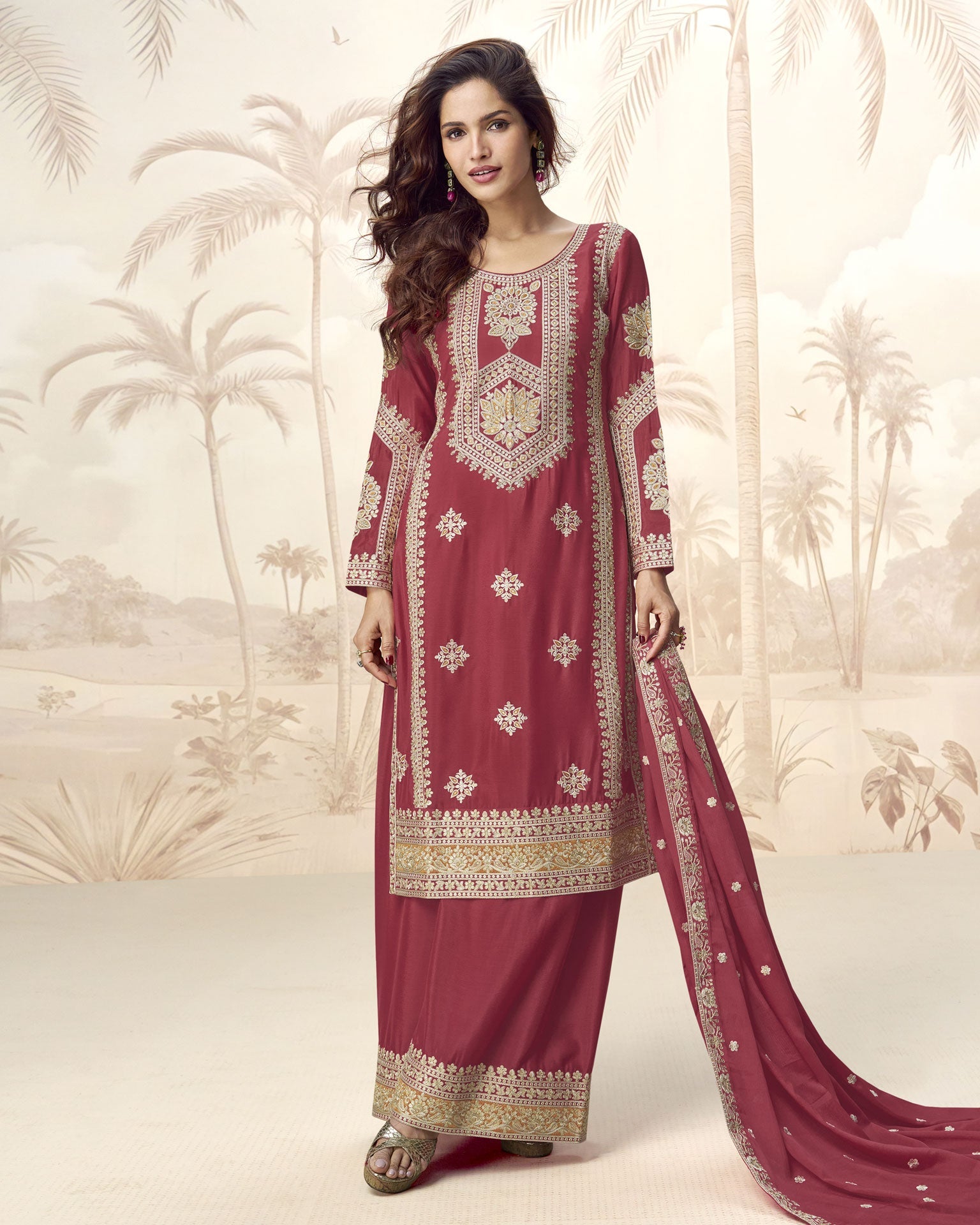 Maroon Chinnon Silk Readymade Sequins & Zari Work Woman Palazzo Suit With Embroidered Dupatta