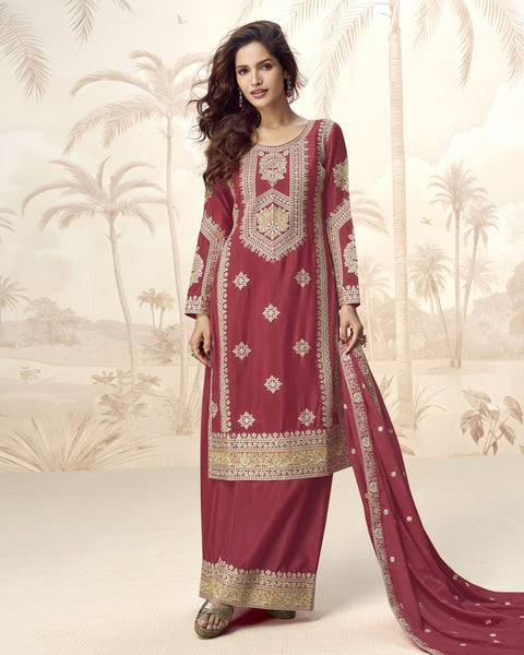 Maroon Chinnon Silk Readymade Sequins & Zari Work Woman Palazzo Suit With Embroidered Dupatta