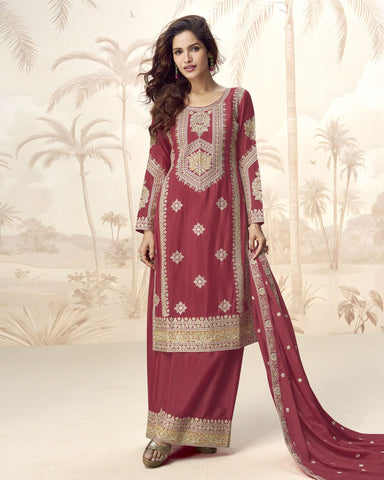 Maroon Chinnon Silk Readymade Sequins & Zari Work Woman Palazzo Suit With Embroidered Dupatta