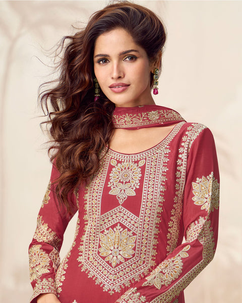 Maroon Chinnon Silk Readymade Sequins & Zari Work Woman Palazzo Suit With Embroidered Dupatta