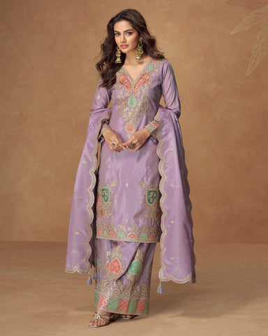Purple Simar Silk Readymade Woman Salwar Suit With Sequins & Zari Work & Silk Dupatta