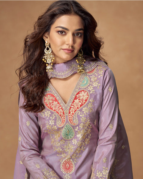 Purple Simar Silk Readymade Woman Salwar Suit With Sequins & Zari Work & Silk Dupatta