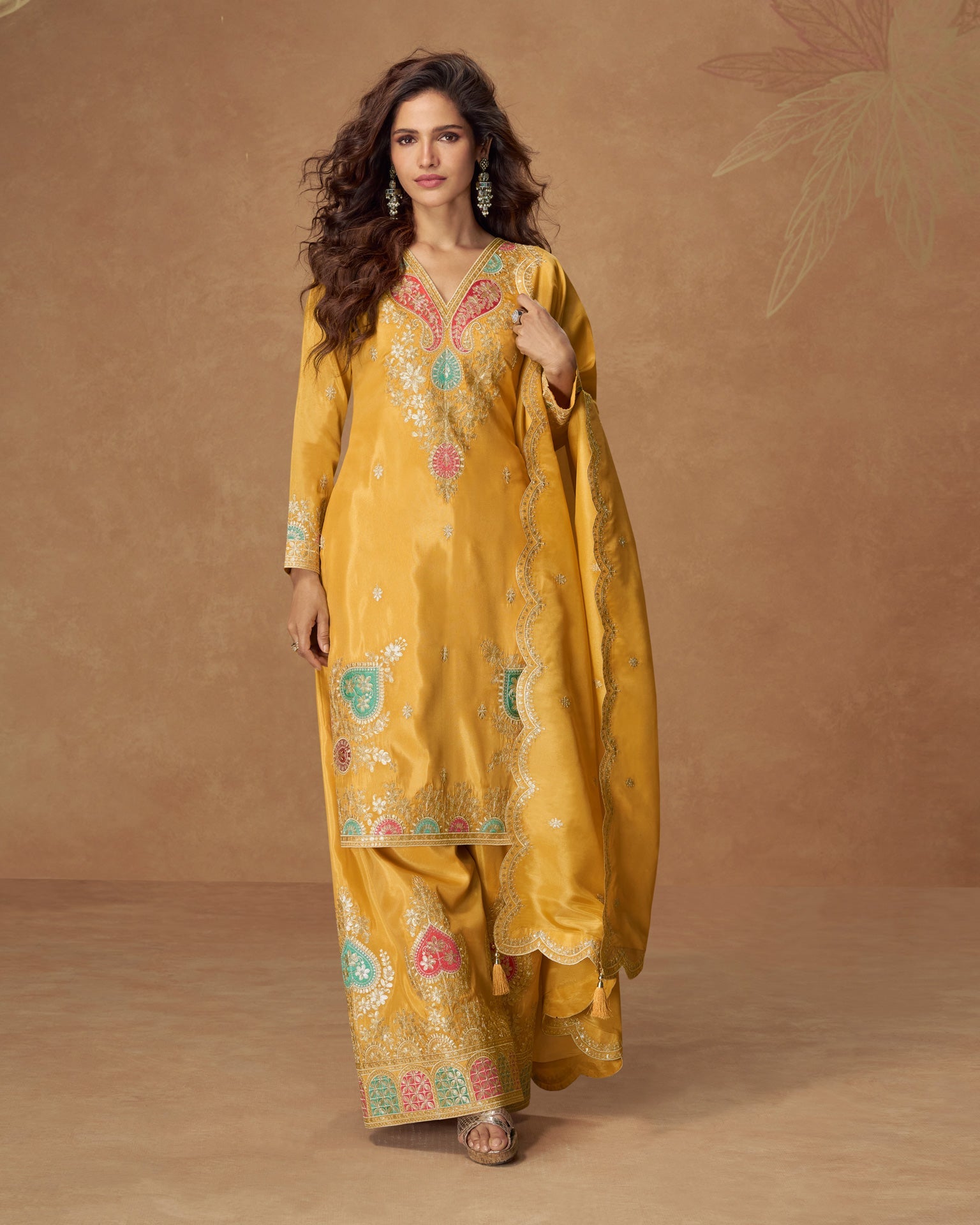 Yellow Simar Silk Readymade Woman Salwar Suit With Sequins & Zari Work & Silk Dupatta