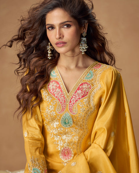 Yellow Simar Silk Readymade Woman Salwar Suit With Sequins & Zari Work & Silk Dupatta