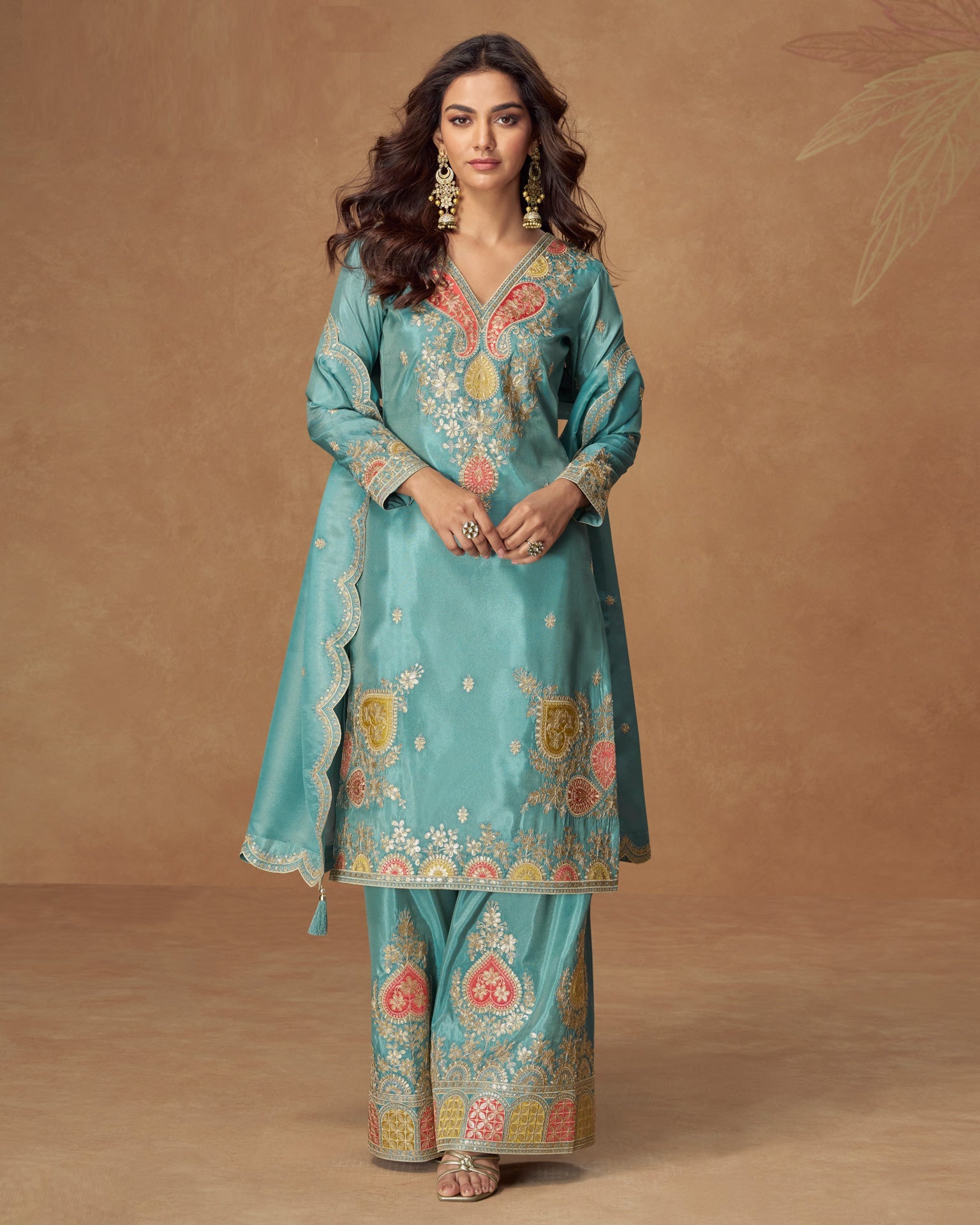Blue Simar Silk Readymade Woman Salwar Suit With Sequins & Zari Work & Silk Dupatta