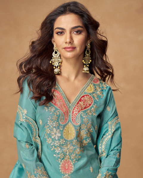 Blue Simar Silk Readymade Woman Salwar Suit With Sequins & Zari Work & Silk Dupatta