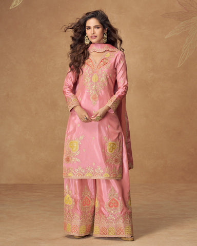 Pink Simar Silk Readymade Woman Salwar Suit With Sequins & Zari Work & Silk Dupatta