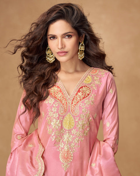 Pink Simar Silk Readymade Woman Salwar Suit With Sequins & Zari Work & Silk Dupatta