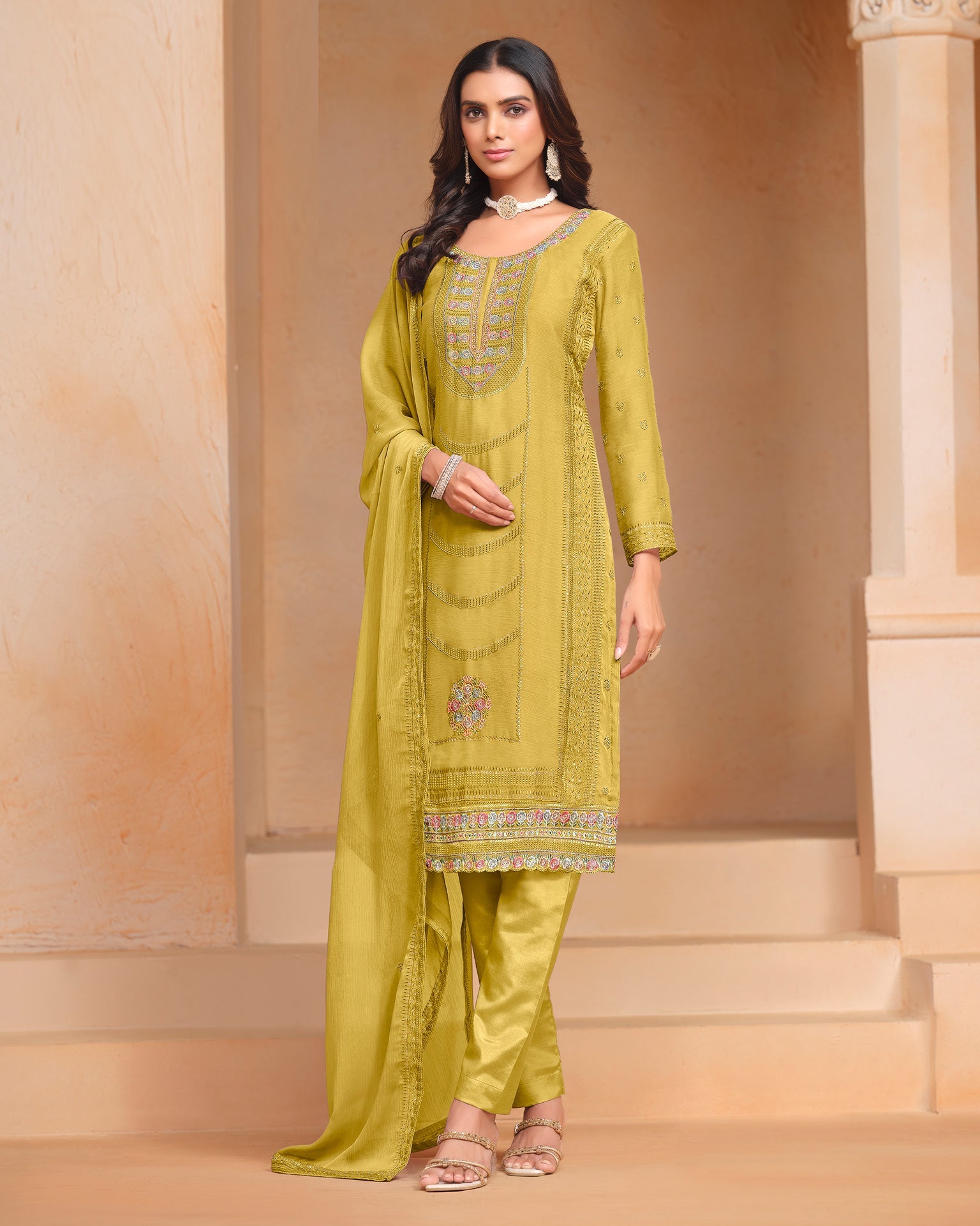 Yellow Women Customized Sequins Thread Work Salwar Suit With Organza Chiffon Dupatta