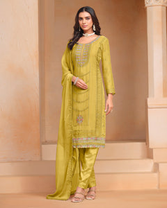 Yellow Women Customized Sequins Thread Work Salwar Suit With Organza Chiffon Dupatta