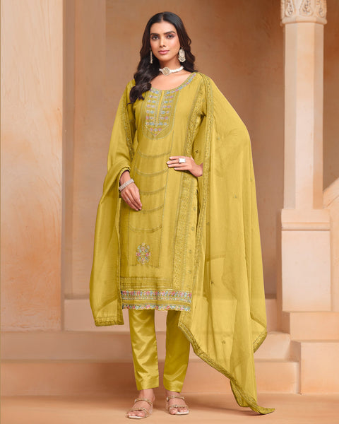 Yellow Women Customized Sequins Thread Work Salwar Suit With Organza Chiffon Dupatta