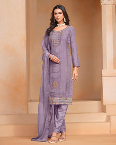 Purple Women Customized Sequins Thread Work Salwar Suit With Organza Chiffon Dupatta