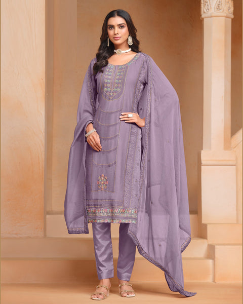 Purple Women Customized Sequins Thread Work Salwar Suit With Organza Chiffon Dupatta