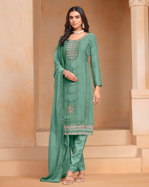 Green Women Customized Sequins Thread Work Salwar Suit With Organza Chiffon Dupatta