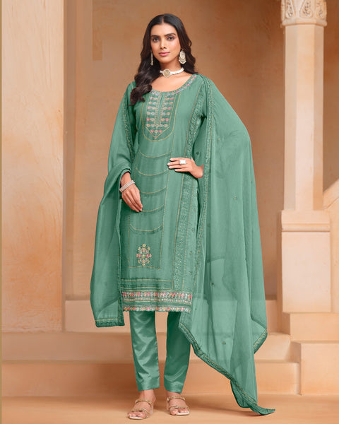 Green Women Customized Sequins Thread Work Salwar Suit With Organza Chiffon Dupatta