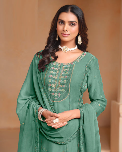 Green Women Customized Sequins Thread Work Salwar Suit With Organza Chiffon Dupatta