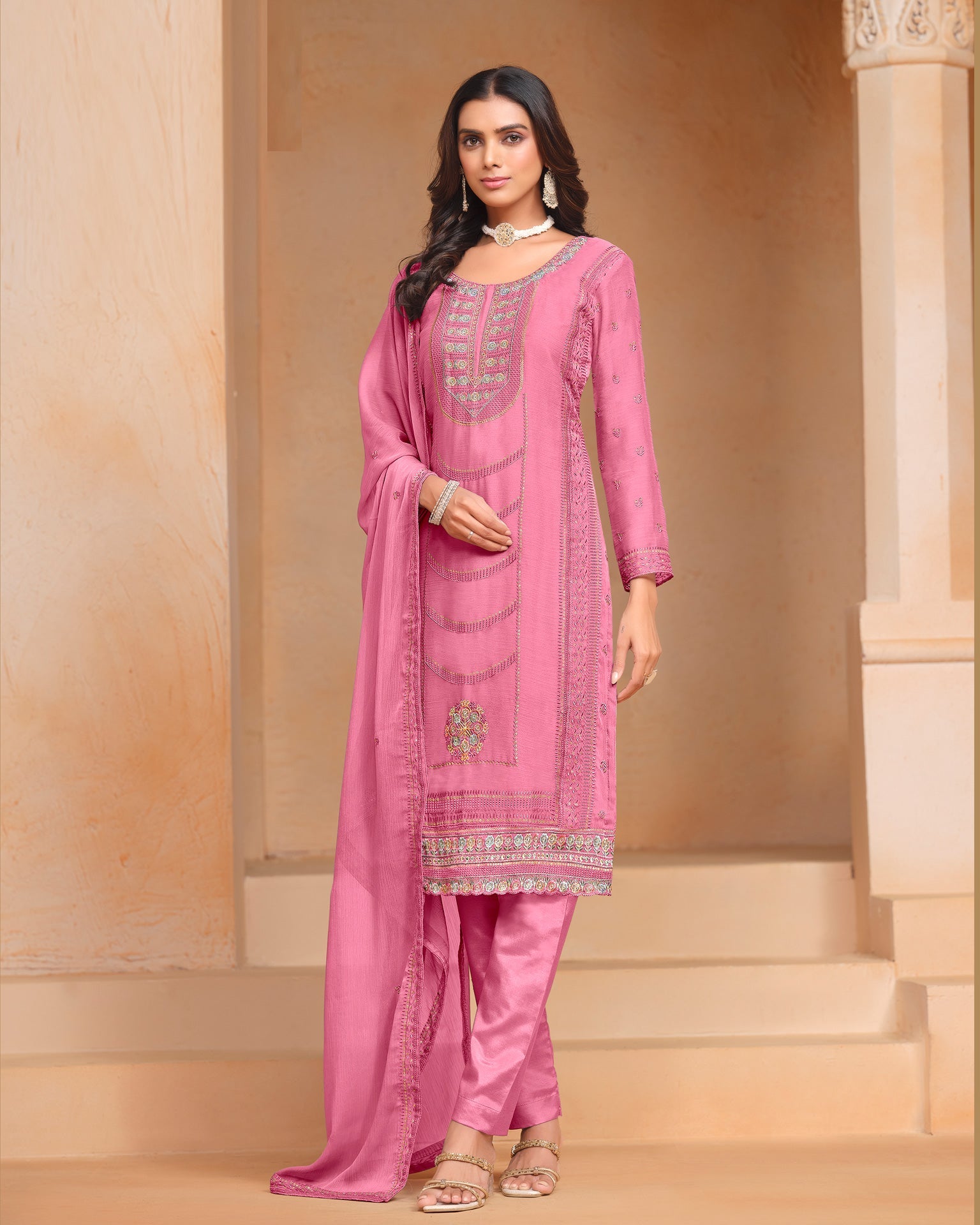 Pink Women Customized Sequins Thread Work Salwar Suit With Organza Chiffon Dupatta