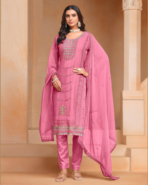 Pink Women Customized Sequins Thread Work Salwar Suit With Organza Chiffon Dupatta