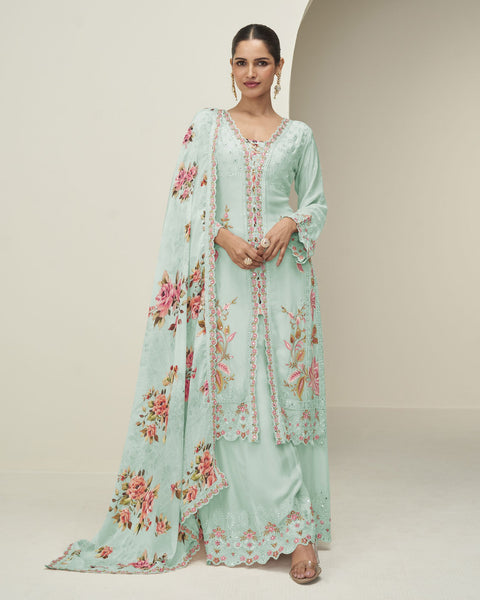 Sea Green Chinnon Silk Readymade Woman Palazzo Suit With Printed Dupatta