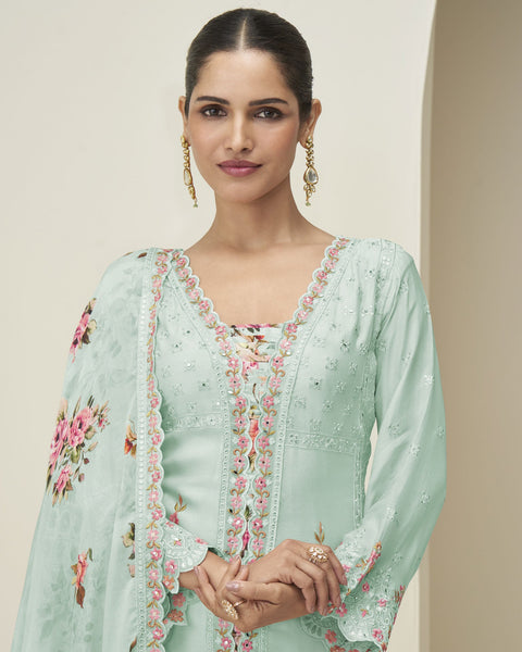 Sea Green Chinnon Silk Readymade Woman Palazzo Suit With Printed Dupatta
