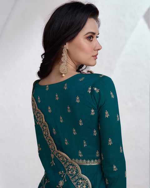 Blue Sequins & Zari Work Readymade Anarkali Kameez In Silk Fabric With Heavy Work Silk Dupatta