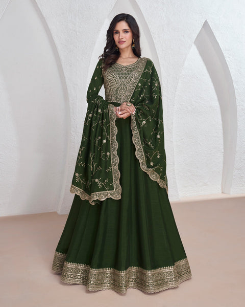 Mahendi Green Sequins & Zari Work Readymade Anarkali Kameez In Silk Fabric With Heavy Work Silk Dupatta