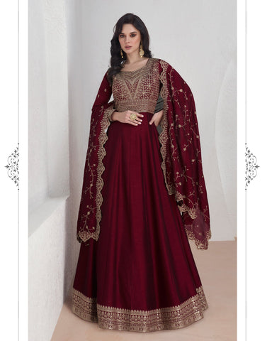 Maroon Sequins & Zari Work Readymade Anarkali Kameez In Silk Fabric With Heavy Work Silk Dupatta