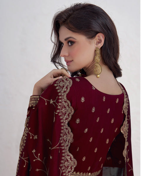 Maroon Sequins & Zari Work Readymade Anarkali Kameez In Silk Fabric With Heavy Work Silk Dupatta