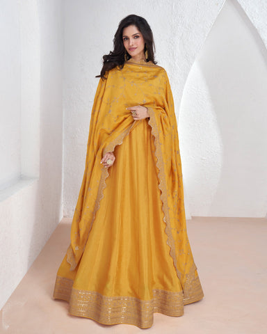 Yellow Sequins & Zari Work Readymade Anarkali Kameez In Silk Fabric With Heavy Work Silk Dupatta