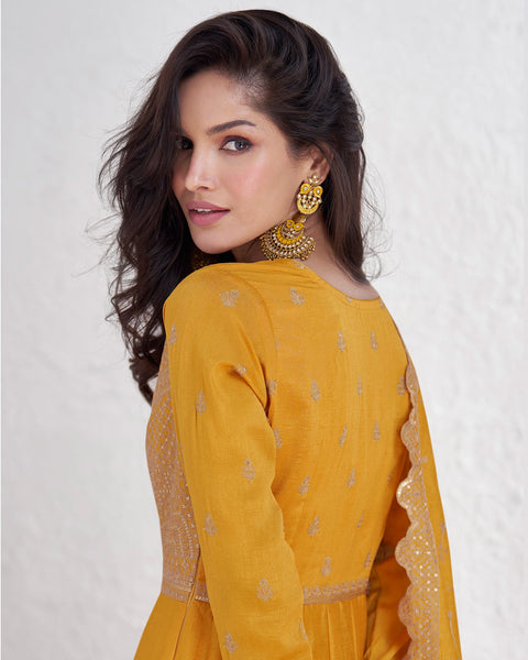 Yellow Sequins & Zari Work Readymade Anarkali Kameez In Silk Fabric With Heavy Work Silk Dupatta