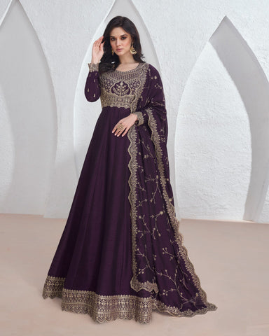 Purple Sequins & Zari Work Readymade Anarkali Kameez In Silk Fabric With Heavy Work Silk Dupatta