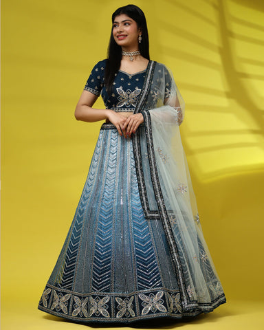 Blue Sequenced Lehenga Choli In Fancy Net Fabric With Net Dupatta