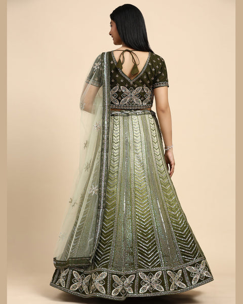 Green Sequenced Lehenga Choli In Fancy Net Fabric With Net Dupatta