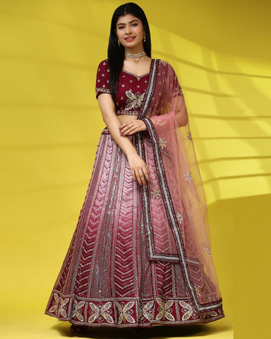 Maroon & Pink Sequenced Lehenga Choli In Fancy Net Fabric With Net Dupatta