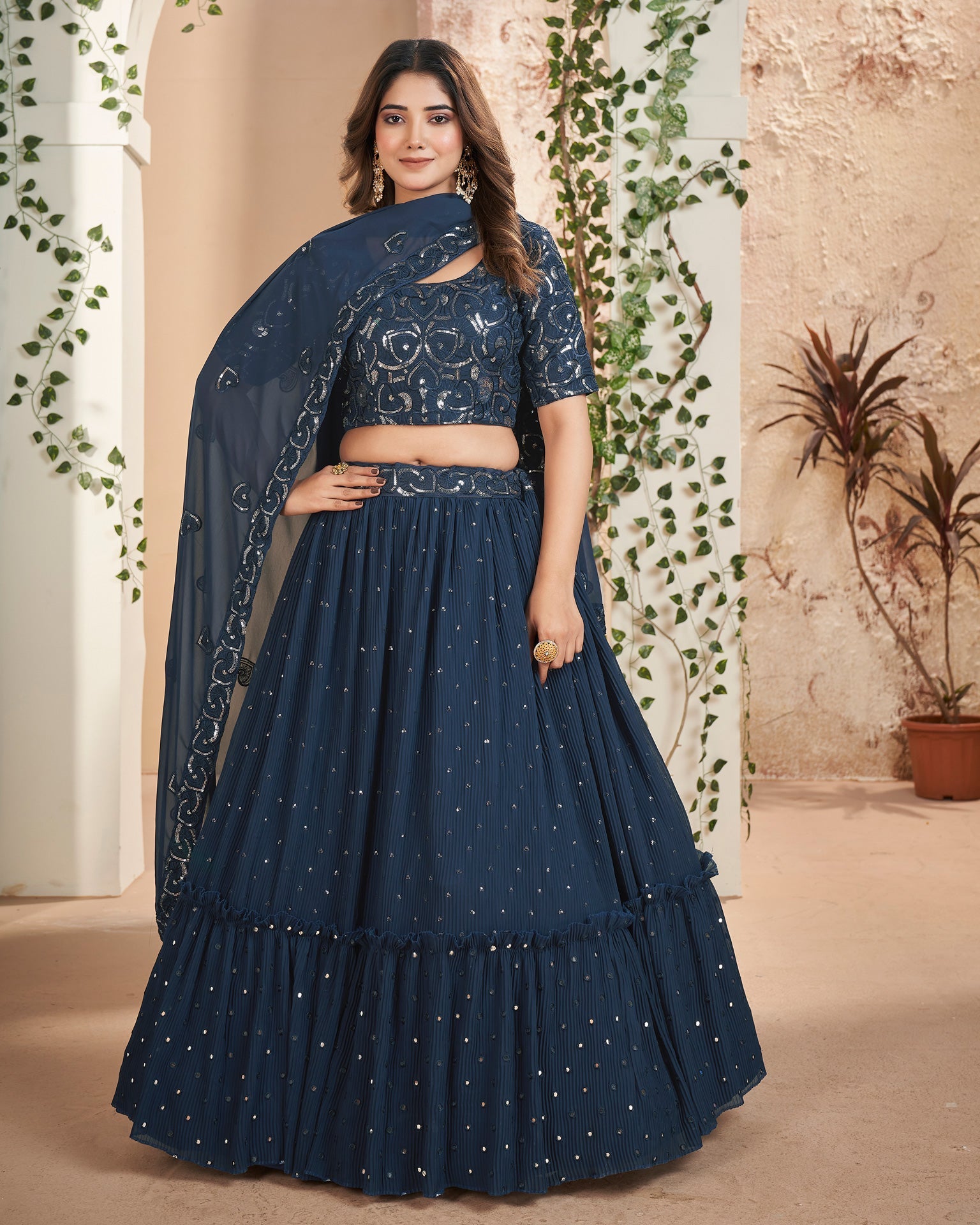 Blue Sequins & Thread Work Lehenga Choli With Georgette Dupatta