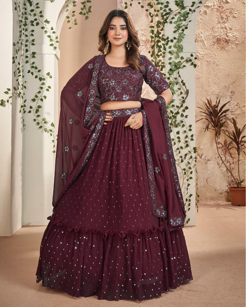 Brown Sequins & Thread Work Lehenga Choli With Georgette Dupatta