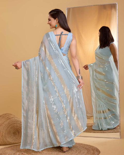 Sky Blue Sequins Work Georgette Saree With Banglori Silk Blouse