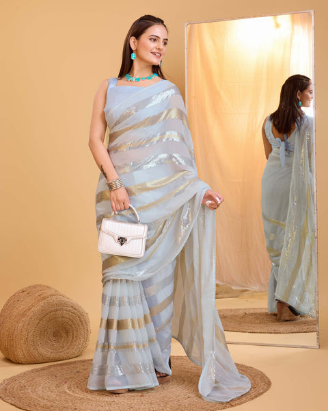 Sky Blue Sequins Work Georgette Saree With Banglori Silk Blouse