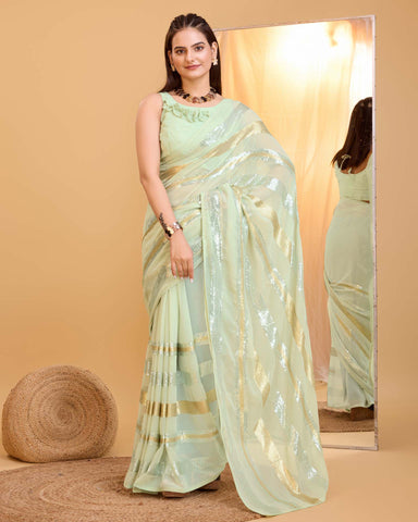 Sea Green Sequins Work Georgette Saree With Banglori Silk Blouse