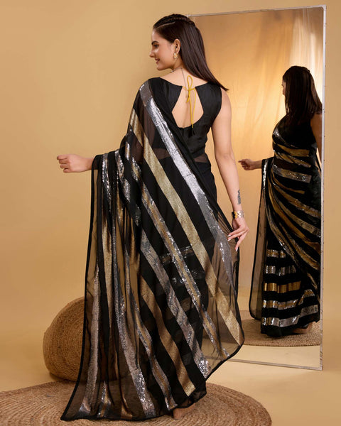 Black Sequins Work Georgette Saree With Banglori Silk Blouse
