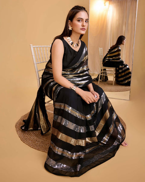 Black Sequins Work Georgette Saree With Banglori Silk Blouse