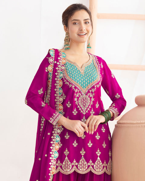 Magenta Chinnon Silk Dabka Dori Work Readymade Woman Palazzo Suit