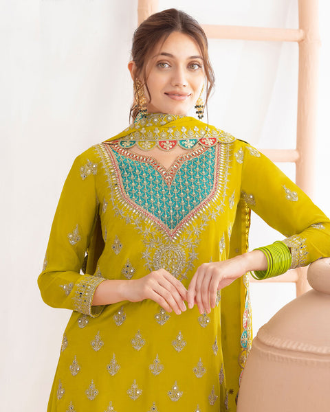 Yellow Chinnon Silk Dabka Dori Work Readymade Woman Palazzo Suit