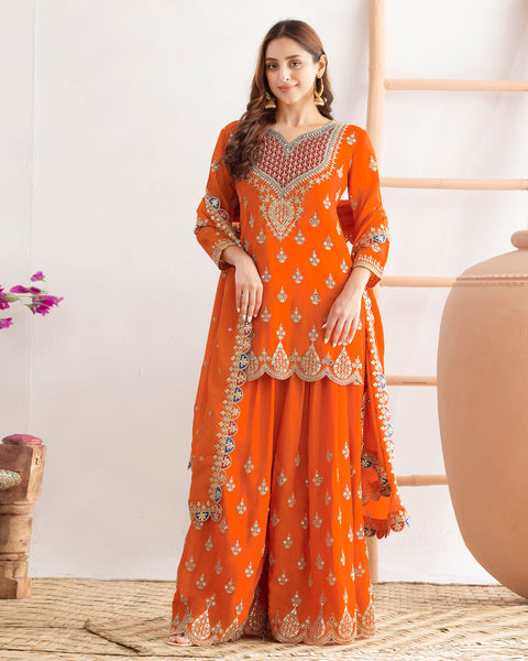 Orange Chinnon Silk Dabka Dori Work Readymade Woman Palazzo Suit