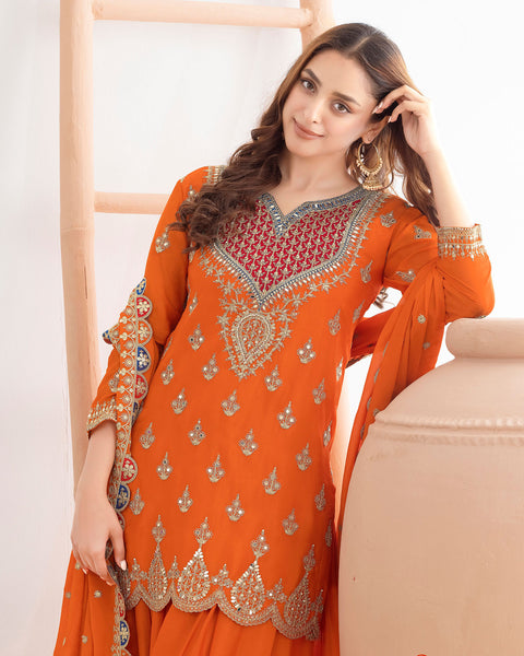 Orange Chinnon Silk Dabka Dori Work Readymade Woman Palazzo Suit