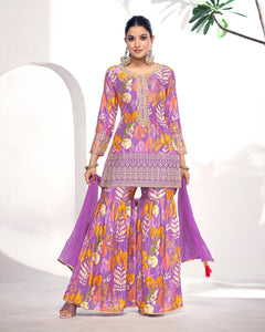 Purple Fiber Chinnon Digital Print Sharara Suit With Chiffon Dupatta