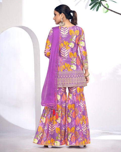 Purple Fiber Chinnon Digital Print Sharara Suit With Chiffon Dupatta