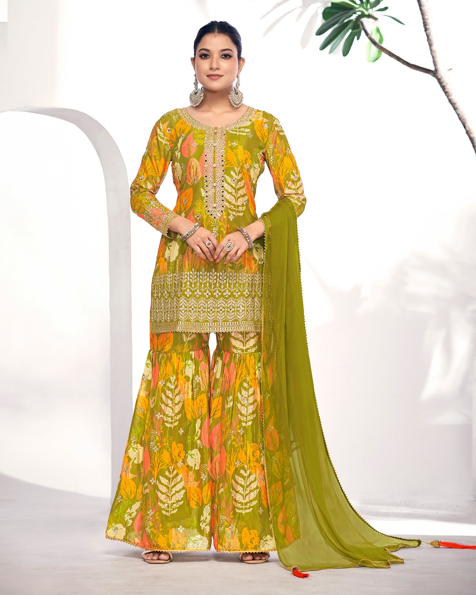 Green Fiber Chinnon Digital Print Sharara Suit With Chiffon Dupatta