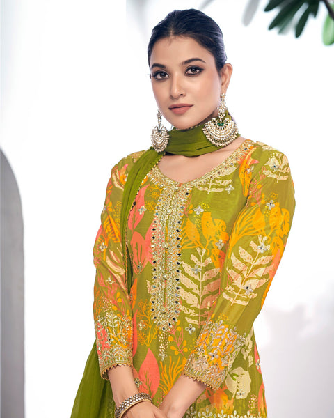 Green Fiber Chinnon Digital Print Sharara Suit With Chiffon Dupatta